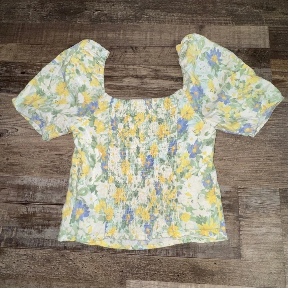 Abercrombie & Fitch XS Floral Puff Sleeve Linen Blend Cottagecore Top‎